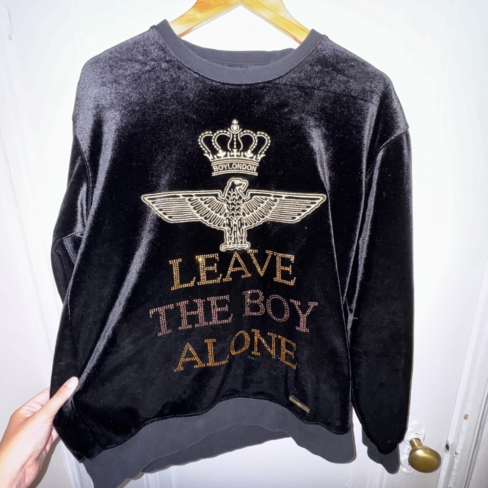 NWOT - Boy London “Leave the Boy Alone” Black “Velvet” Sparkle Crew Neck